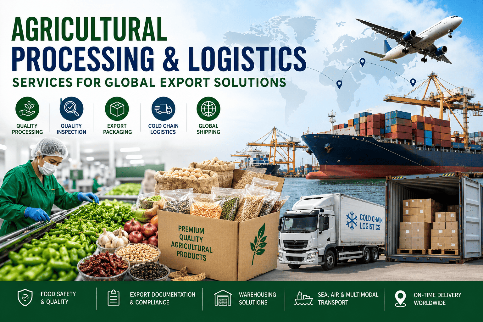 Agricultural processing, export packaging, quality inspection and international logistics services for global agricultural exports.