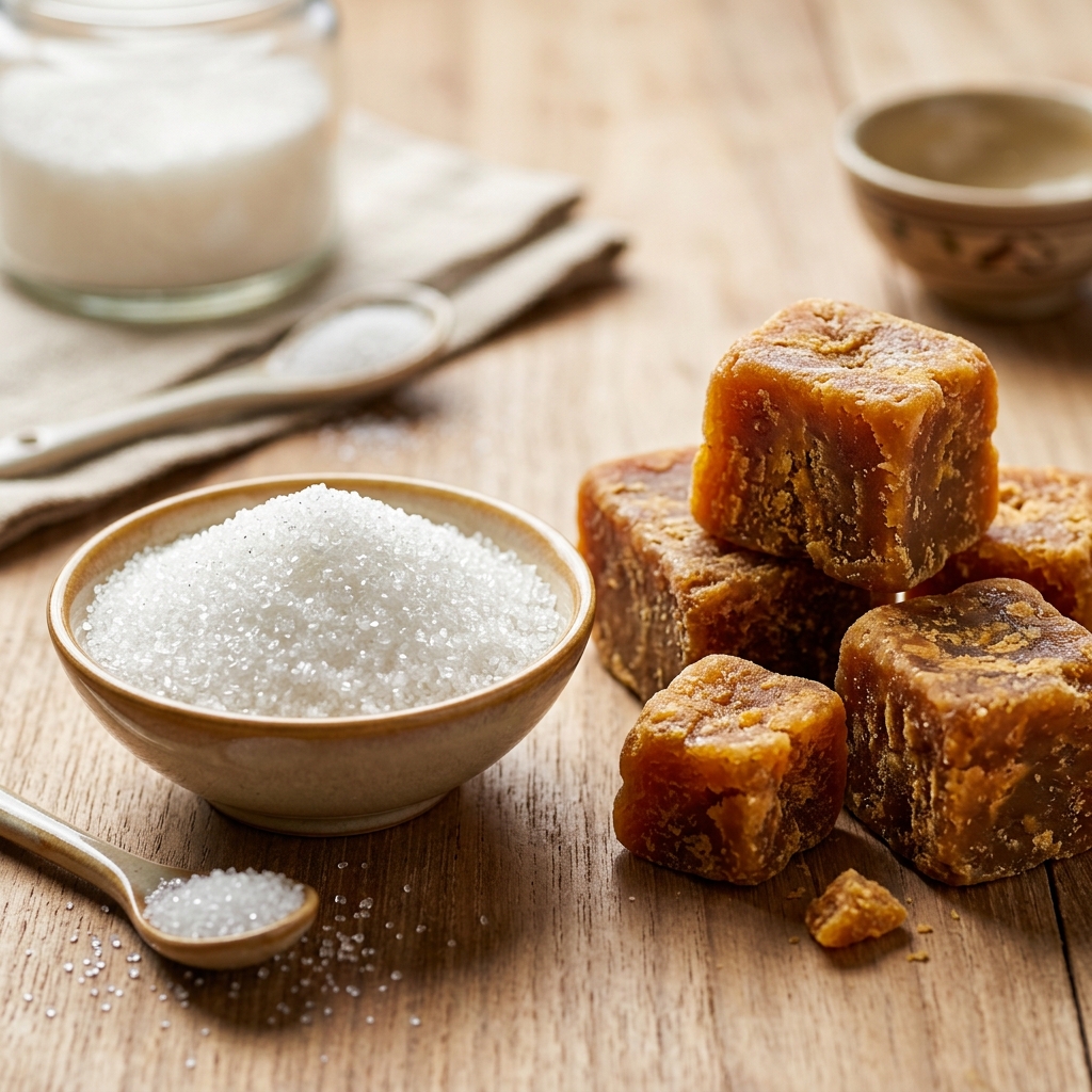 Indian S-30 refined sugar and natural jaggery blocks